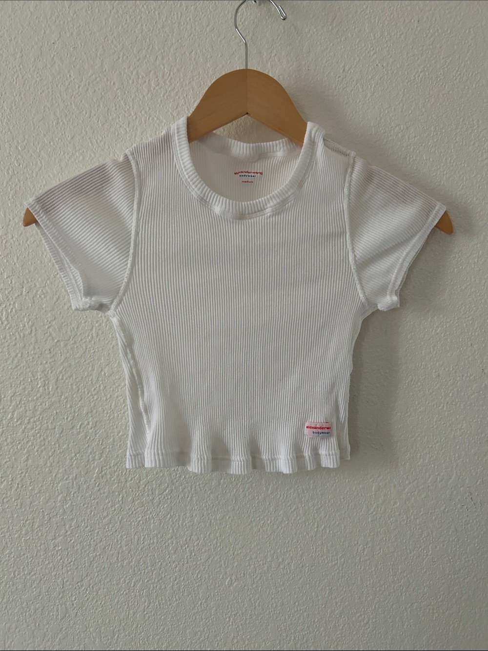 Alexander Wang White Ribbed Short Sleeve Crop Top with Pink Logo Tag